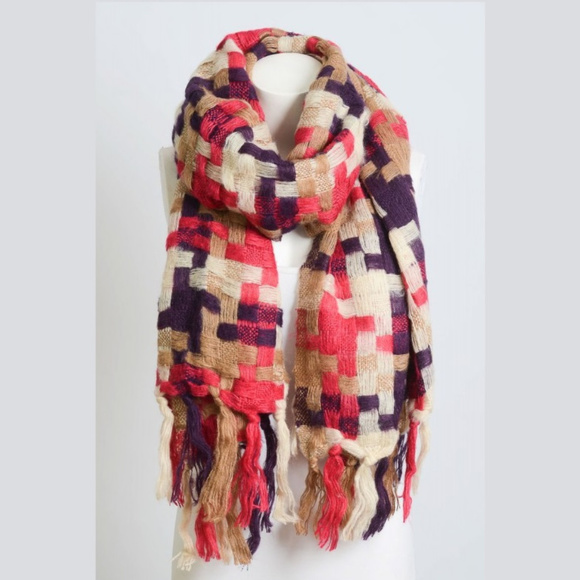 ❤️5/$15💚 Bright Statement Patchwork Woven Multicolor Plaid Scarf with Tassels - Picture 2 of 2